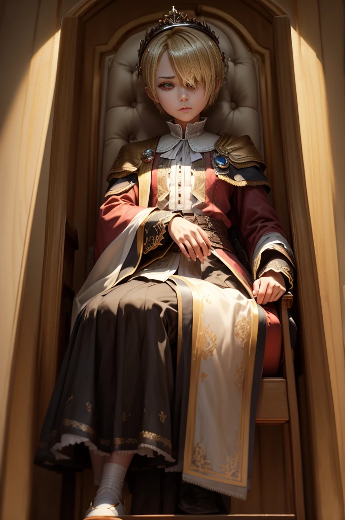 Diablo, Fine grain, Detailed face, Detailed clothing, I'm wearing a crown, Inside the palace, On the throne, sitting On the throne, Characters in the novel,(Barrette)、(((Hair on one eye)))、(((Blonde short hair))),(Red eyes)、Mao Sen Moon Song、