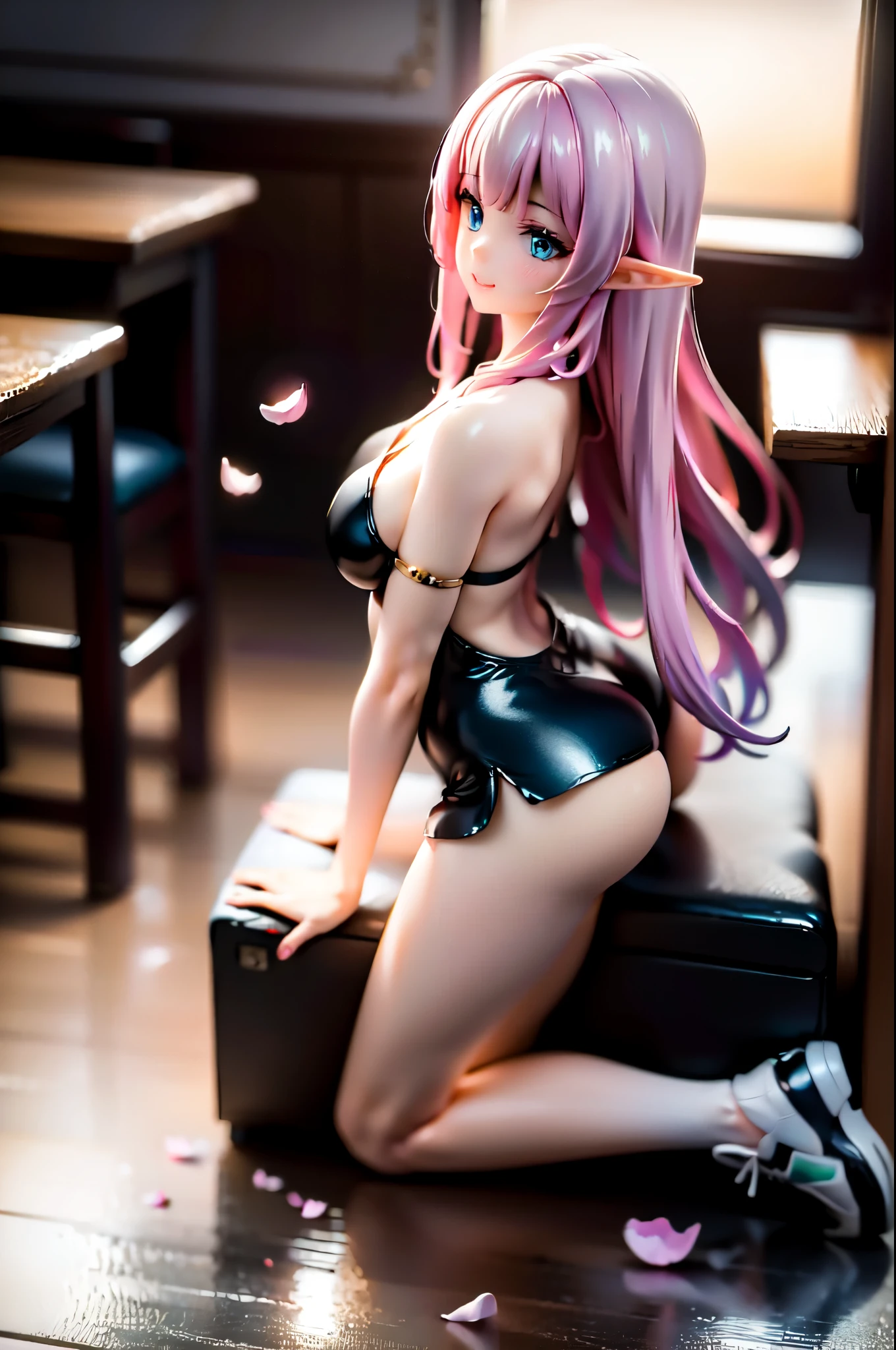 realistic image, detailed image, coherent image, 1 beautiful elf, she has very long hair, she has a black bow in her square bangs, pink hair, light blue eyes, smiling, winking, she is wearing a loose blouse, showing navel, mini jean shorts, sneakers, She has a curvy body, big breasts and thick thighs, She is sitting, sitting sensually, showing her legs, arching her back, surrounded by falling flower petals around, inside a restaurant, full body view, view from above, sunset, twilight, Soft focus, Dramatic shadows, Volumetric lighting, natural lighting,chika fujiwara