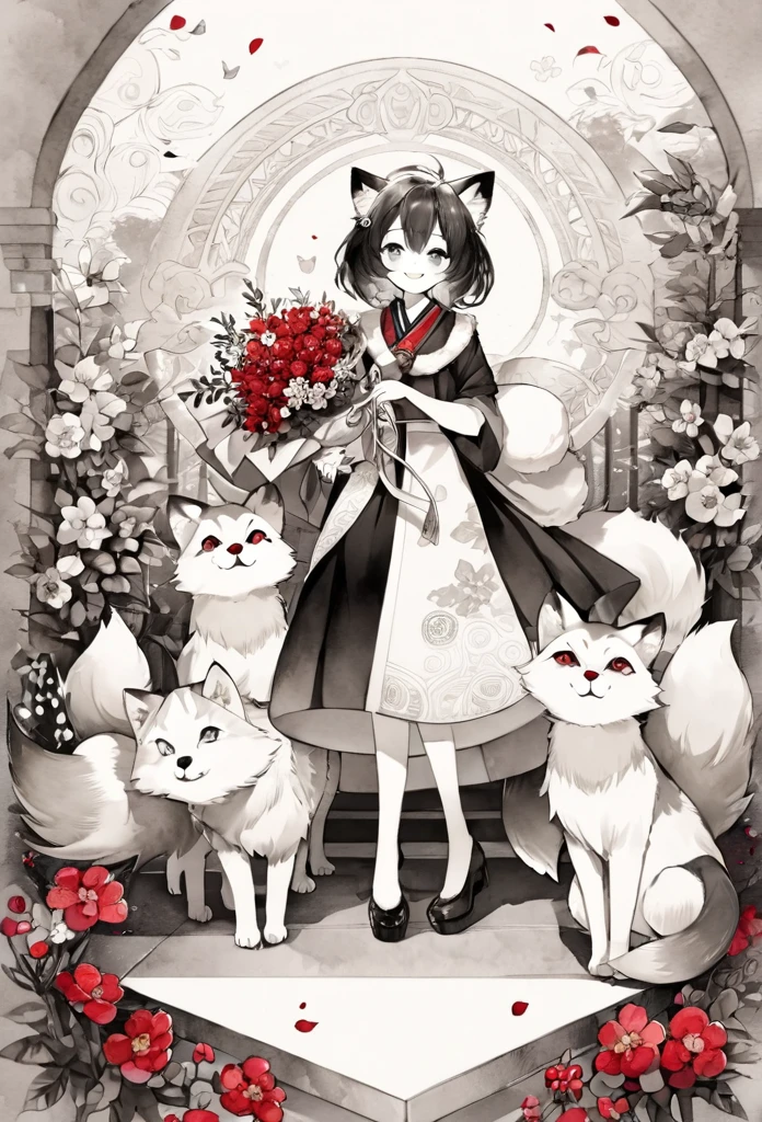 monochrome, watercolor, highres, top quality, best quality, paid reward available, High-quality illustrations, unparalleled masterpiece, perfect artwork, absurdres, 1girl, kemono, furry, detailed body fur, animal face, animal hand, Archaic Smile, holding a cluster of red flower in both hands, which are positioned at chest level, She is wearing a simple ring on the ring finger of her left hand, unfocused spread of red flower, fan-created work shared on platforms Pixiv or Twitter,