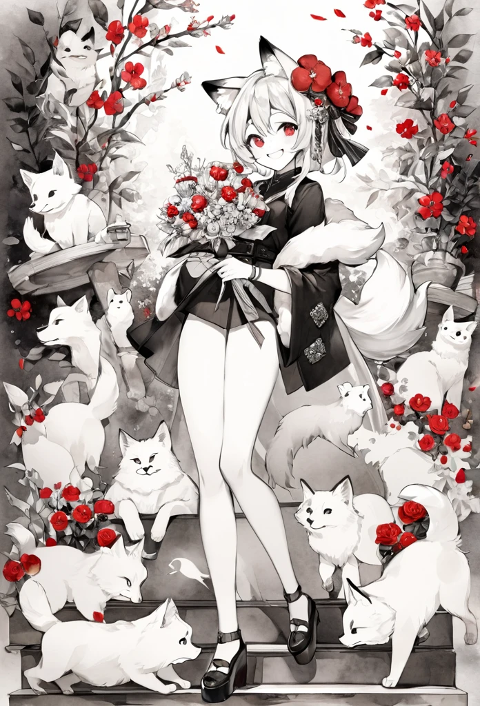 monochrome, watercolor, highres, top quality, best quality, paid reward available, High-quality illustrations, unparalleled masterpiece, perfect artwork, absurdres, 1girl, kemono, furry, detailed body fur, animal face, animal hand, Archaic Smile, holding a cluster of red flower in both hands, which are positioned at chest level, She is wearing a simple ring on the ring finger of her left hand, unfocused spread of red flower, fan-created work shared on platforms Pixiv or Twitter,