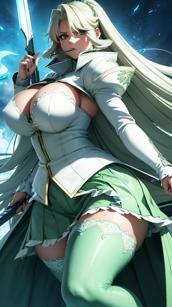 (high detailed)) 27 yo's woman, light cyan hair, green Pandora's clothes,big And round breasts, gorgeous thicc plump body,angry expression,furious eyes,Green satellizer's outfit,Very long skirt, holding handblade, dynamic pose, action position, mouth opended, perfect anatomy