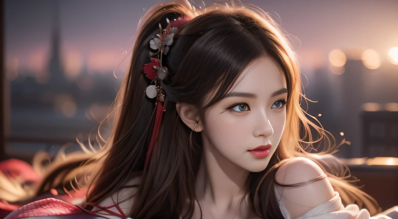 hair bobbles, wince, longeyelashes, solid circle eyes, light smile, ear blush, fang, ccurate, Surrealism, drop shadow, anaglyph, stereogram, tachi-e, ass pov, atmospheric perspective, 8K, super detail, best quality,Anime girl with a sword flying over the city at night, 2. 5 d cgi Anime Fantasy Artwork, Meinoichi, g liulian art style, Akali, Background artwork, Inspired by Chen Yifei, Akali from league of legends, Digital 2D fantasy art, Anime Fantasy Artwork, 4k fantasy art, Inspired by cold plum