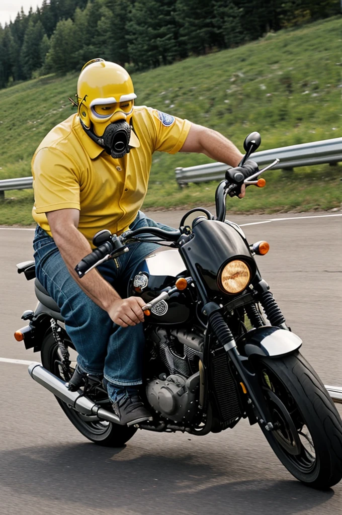 Homer Simson riding a motorcycle around a curve, the rear tire slipping and he makes a scared face with his testicles marked in his throat