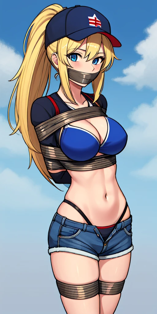 (absurdres, 8k, 4k, masterpiece, hyper extreme detailed:1.2), solo, cowboy shot, half body, perfect anatomy, 1girl, side view, perfect face, 1girl, portrait, looking at viewer, solo, standing, Female, toned body, mature female, large breasts, america, american, friendly, hero, heroic, kind, brave, american flag, patriot, patriotic, blonde, messy hair, long hair, blue eyes, smile, jean shorts, ponytail, wide eyes, baseball cap, perfect anatomy, messy hair, hair covering forehead, swept bangs, 1girl, solo, Blue sky, red, white. blue, shorts, messy hair, perfect anatomy, blonde hair, wide smile, happy shorts, american bikini, america bikini messy hair, bound, bondage, (arms behind back:1.4), bdsm, shorts, t-shirt, messy hair, short, large bust, large breasts, big breasts, forward view, shibari, bondage, bdsm, rope, gagged, gag,