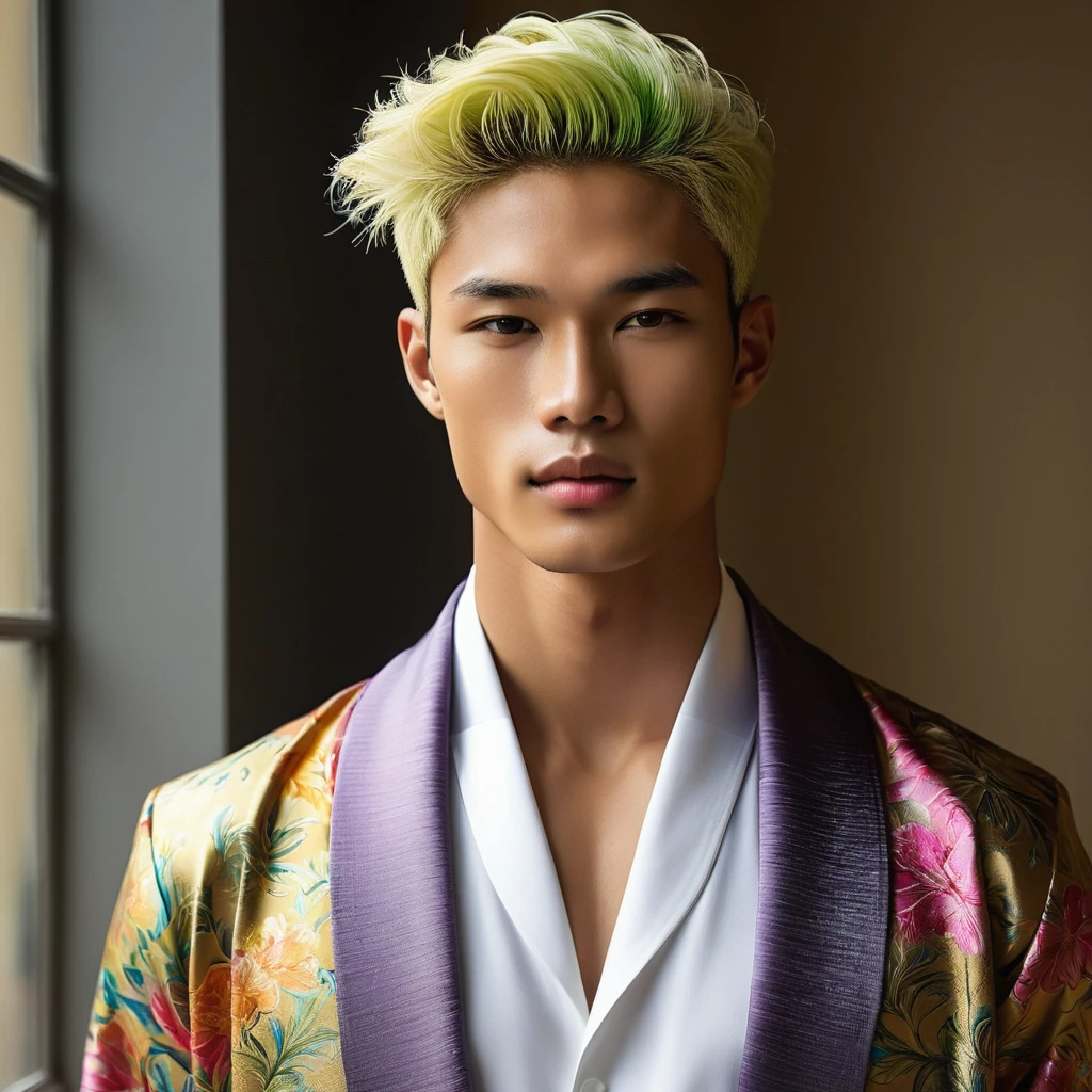 Candid Vogue fashion photography of mixed Latino and Japanese male supermodel, 23 year old, an attractive and charming, masculine appearance, slender, short platinum rainbow hair color, masculine appearance with slender physique, small pectorals, symmetric face, natural olive skin tone exudes youthfulness and athleticism, he is very photogenic, Position against an ornate dark background featuring a framed floral painting to add depth and richness to the scene, (He wears an open luxurious white and rainbow color patterned whit slim pants), semi hard bulge, His expression is serene and slightly introspective, with a soft smile, confident gaze directed slightly off-camera, Utilize natural soft lighting streaming in from a window, casting gentle highlights and shadows that accentuate the contours of his face and the texture of his robe, The light creates a warm intimate atmosphere with a soft golden tone that enhances his skin, The interplay of light and shadow adds depth and dimension to the scene, slightly blurred focus background bringing him into sharp clear detail while the rich tones of the background enhance the overall opulence of the image. Capture full-body short, dynamic angle, using a Canon EOS R6 and Sigma AF 24mm F1.4 EX DG HSM lens by Thomas Synnamon, Employ a shallow depth of field to focus closely on his face and body, Draw inspiration from high-fashion photographer, emphasize detail, texture and a sophisticated luxurious atmosphere, Emphasize the golden warm lighting and its effect on enhancing his features and the robe's rich textures, creating a visually captivating and elegant portrait that exudes warmth and sophistication, The overall mood blend the classical elegance of the modern, high-fashion aesthetic, producing an image that feels both timeless and contemporary, raw photo, masterpiece, best quality, Correct body structure, Correct photo distance, LGBTQ,