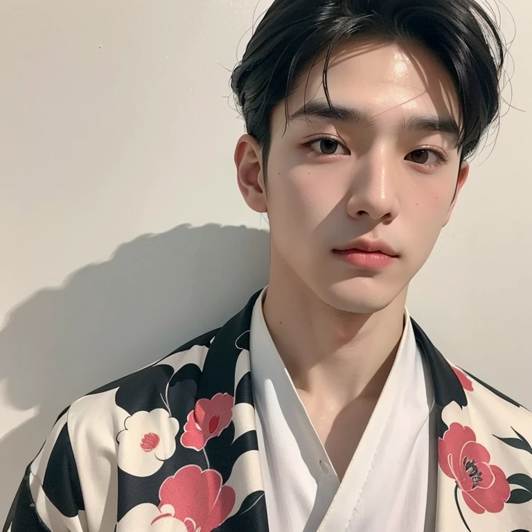 a selfie photo type of a handsome and young korean man, pale and soft skin, black hair and black eyes, long eyeslashes, narrow double eyeslid, high and long nose, behind a art gallery, dressing casual clothes, pov, looking straigh at the camera, 4k,