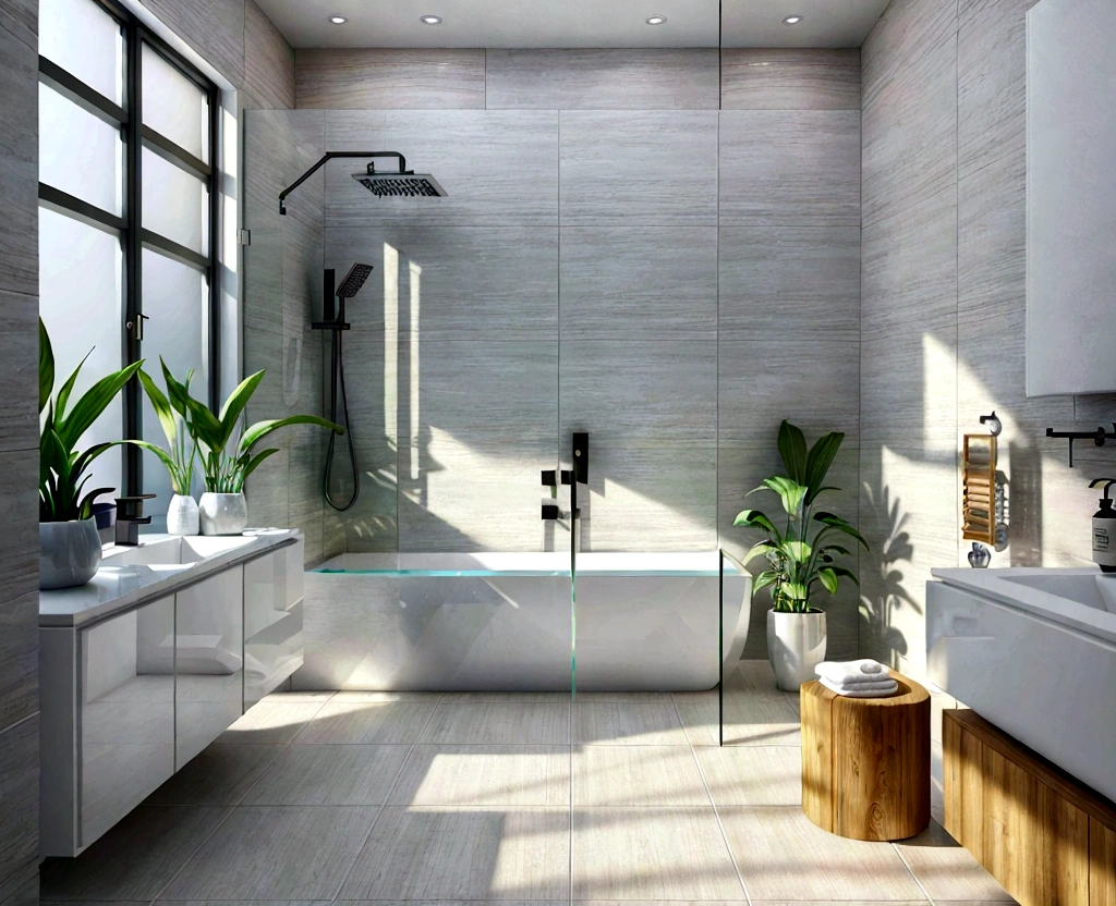 a clean and modern bathroom, detailed tiles, (white wall) a glass shower enclosure, plush white towels, a potted plant, natural lighting, a wooden vanity, a stone countertop, (best quality,4k,8k,highres,masterpiece:1.2),ultra-detailed,(realistic,photorealistic,photo-realistic:1.37),interior design,architectural visualization,clean,minimalist
