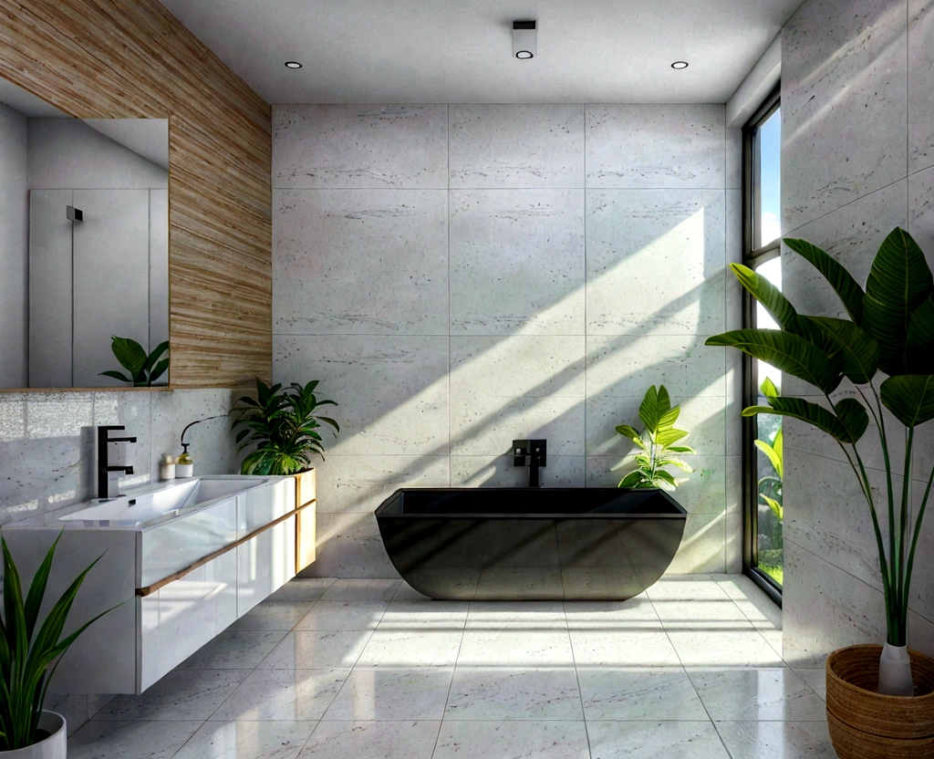a clean and modern bathroom, detailed tiles, (white wall) a glass shower enclosure, plush white towels, a potted plant, natural lighting, a wooden vanity, a stone countertop, (best quality,4k,8k,highres,masterpiece:1.2),ultra-detailed,(realistic,photorealistic,photo-realistic:1.37),interior design,architectural visualization,clean,minimalist