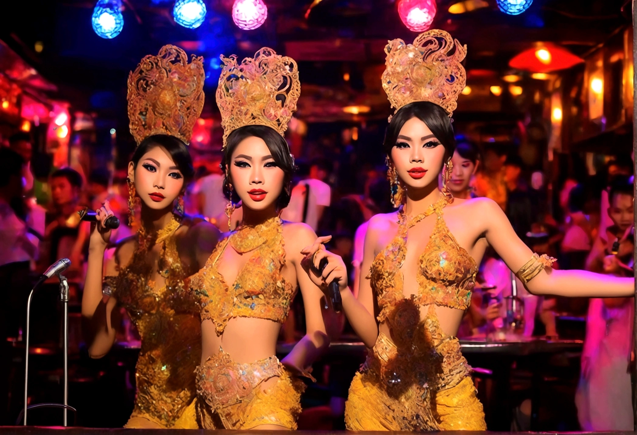 A girl band is performing in a Thai ladyboy bar, they are in Scandalous sexy outfits. Sexy ladyboy waitresses take care of the excited crowd. party hardy
