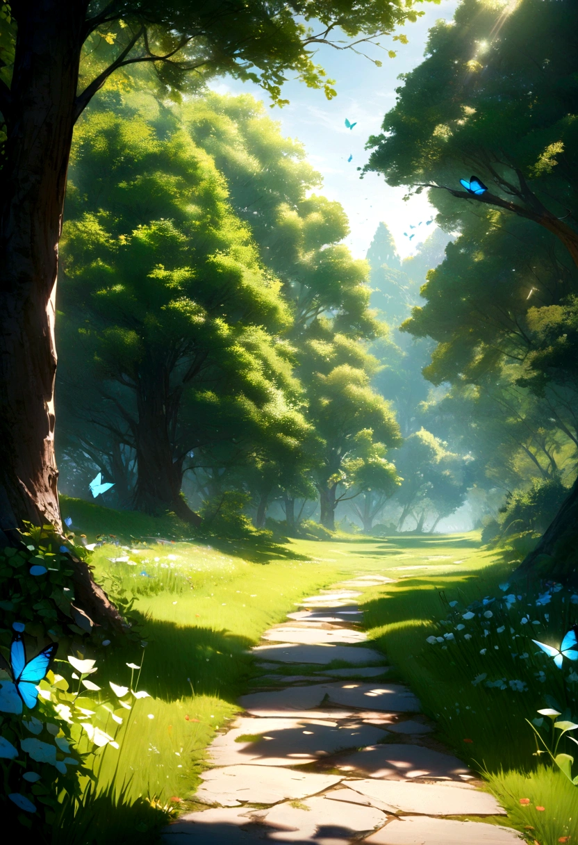 green meadow with trees on the sides and path, finely detailed hyperrealistic masterpiece, 4k and butterflies