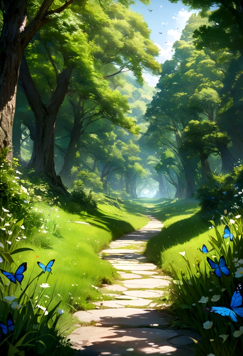 green meadow with trees on the sides and path, finely detailed hyperrealistic masterpiece, 4k and butterflies