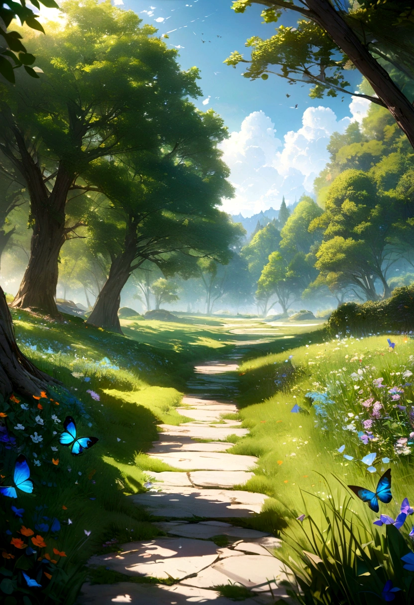 green meadow with trees on the sides and path, finely detailed hyperrealistic masterpiece, 4k and butterflies