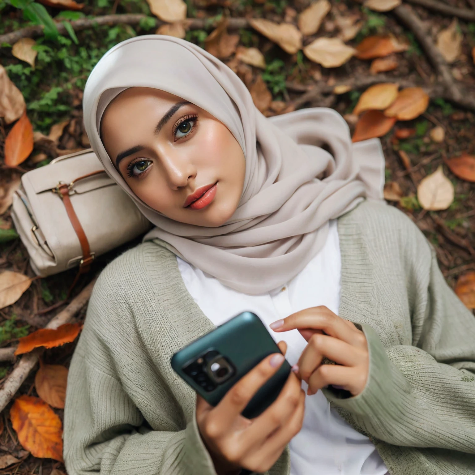 there is a woman lying on the ground with a cell phone, portrait, lying on the ground in a forest, hijab, close up portrait, realistic picture, close up portrait photo, photo of a woman, artistic photography, fallen leaves effect, beautiful woman, attractive girl, muslim, hijab white, light green casual clothes, portrait, lying on the ground, female beauty