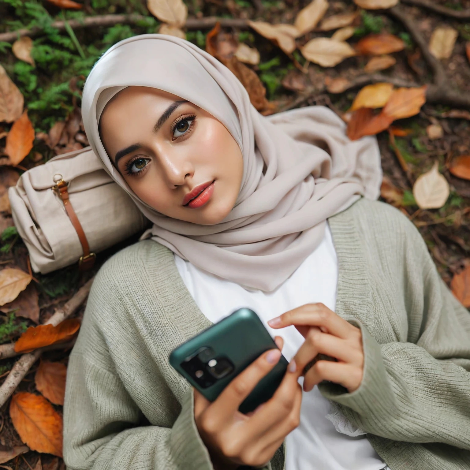 there is a woman lying on the ground with a cell phone, portrait, lying on the ground in a forest, hijab, close up portrait, realistic picture, close up portrait photo, photo of a woman, artistic photography, fallen leaves effect, beautiful woman, attractive girl, muslim, hijab white, light green casual clothes, portrait, lying on the ground, female beauty