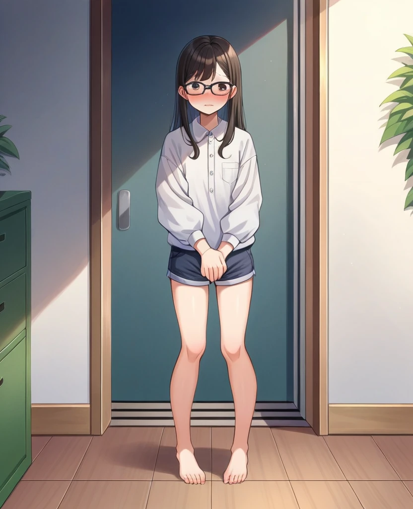 1girl with long hair and dress, 1 girl is taking to lavatory, long sleeves, black glasses, barefoot, looking at viewer, legs spread out,  standing,  embarrassed, shorts, blush, Keep one's mouth shut,  inside house (girl is peeing self:0.455), standing up, covering crotch with two hands