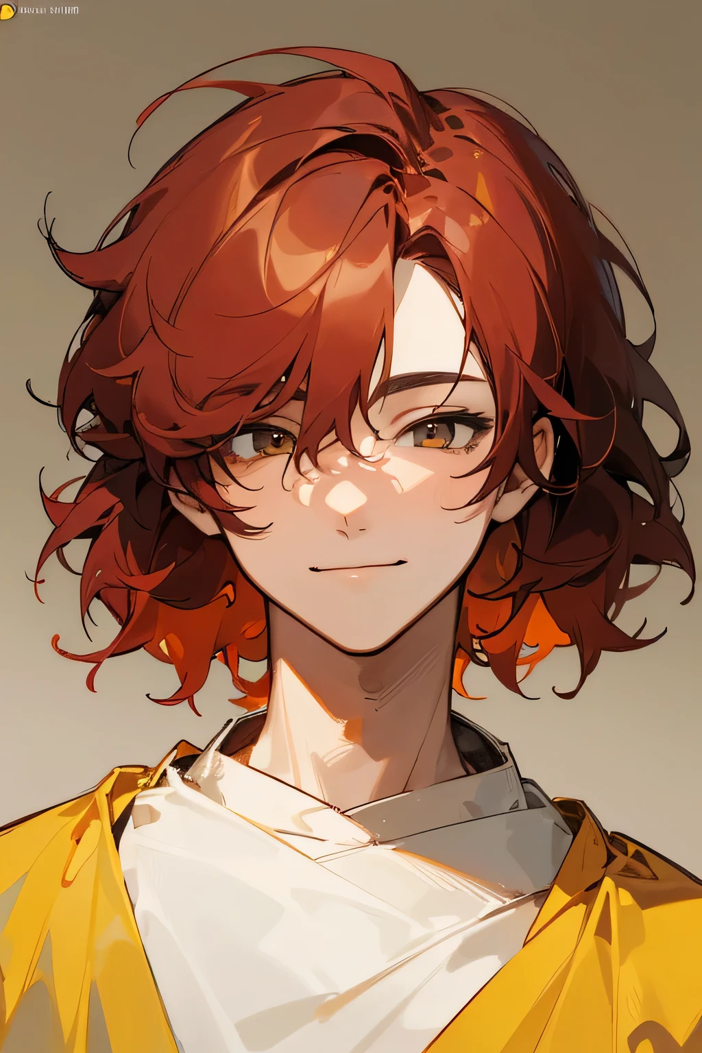 man Messy red wavy short hair, soft look, man, stunning anime face portrait, looking to nothing, smile thinly, manly, bright warm GOLDEN YELLOW high detailed thin eyes, grayard grey background, high detailed shadow