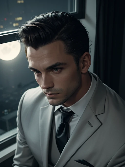 30 years old man, hair combed up, suit and tie, expression neutra, dark bedroom, moonlight coming through the window