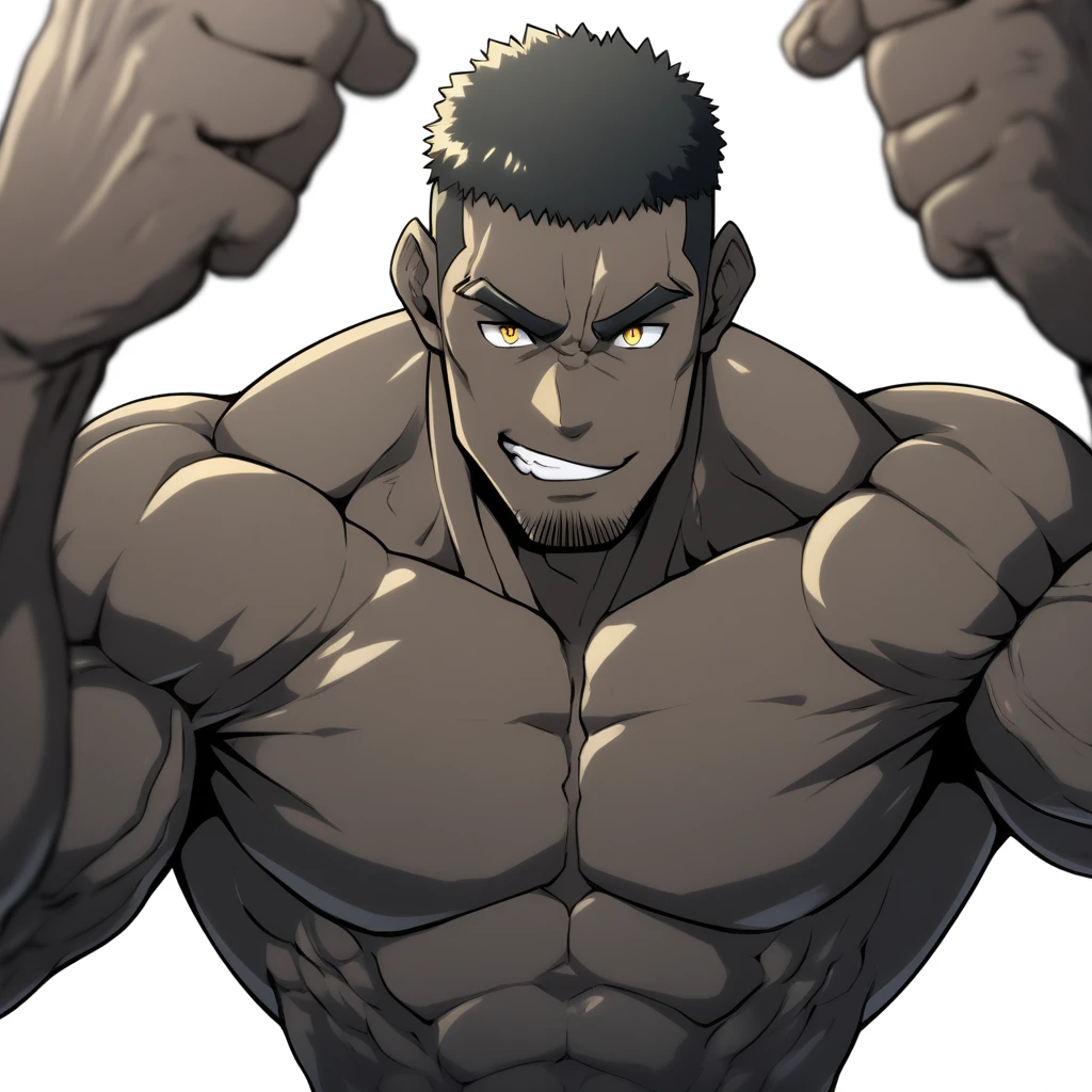 negro, negro, negro, anime characters：Gyee, Muscle Sports Student, negro black skin, 1 muscular tough guy, Manliness, male focus, Dark  Yellow long sleeve tights, Very tight, Round and full chest muscles, Slightly transparent, muscular male, muscular, only, Upper body, alone, Black short hair, Thick eyebrows, stubble, Yellow eyes, White background, simple background, amazing quality, best aesthetics, Ridiculous, bright pupils, crew cut, parted lips, seductive smile, torogao, naughty face, best quality