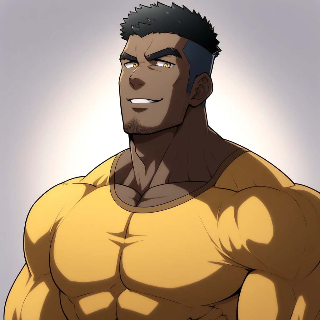negro, negro, negro, anime characters:Gyee, Muscle Sports Student, negro black skin, 1 muscular tough guy, Manliness, male focus, Dark Yellow long sleeve tights, Very tight, Round and full chest muscles, Slightly transparent, muscular male, muscular, only, Upper body, alone, Black short hair, Thick eyebrows, stubble, Yellow eyes, White background, simple background, amazing quality, best aesthetics, Ridiculous, bright pupils, crew cut, parted lips, seductive smile, torogao, naughty face, best quality