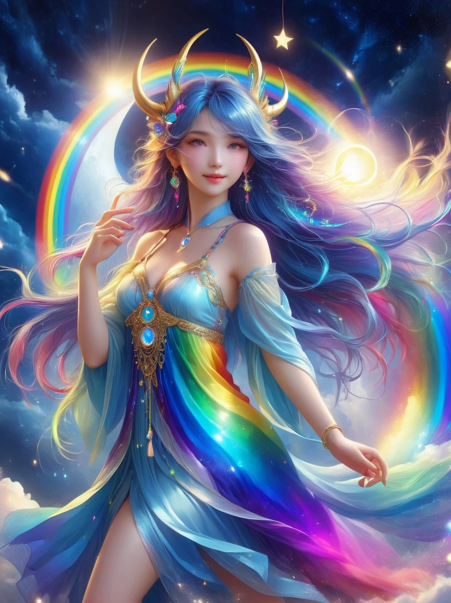 1xknh1, (full-body shot:1.4), moonlight goddess,lively eyes,full of love and light energy,with a rainbow like light