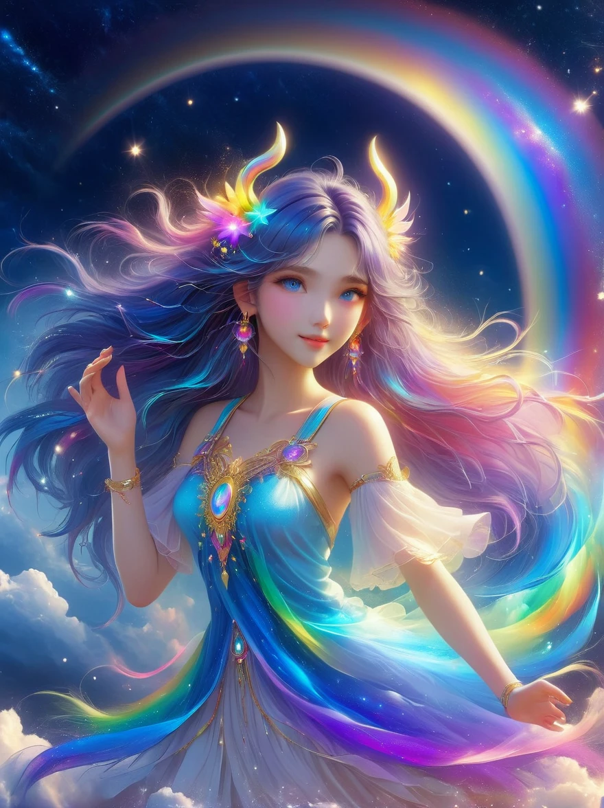 1xknh1, (full-body shot:1.4), moonlight goddess,lively eyes,full of love and light energy,with a rainbow like light