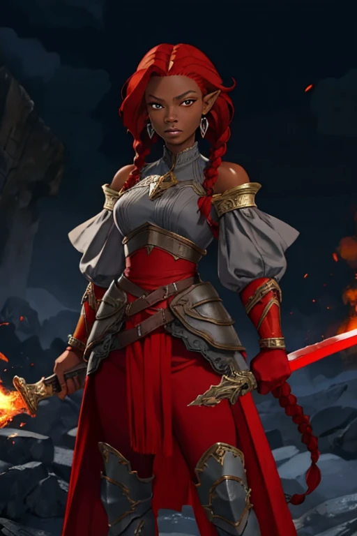 portrait of 1 red haired woman, dark skin), yellow eyes, short hairstyle, (long twin_low_braids), battle stance, fantasy military gear, r night and ash background, fantasy, detailed, ( methurlant), (masterpiece, best quality:1.3), moth on eye, comic, intricate hairstyle, elegant hair, ((red and gray clothes)), detached sleeves, exposed shoulders,  pointed ears, muscular, holding a long flaming sword