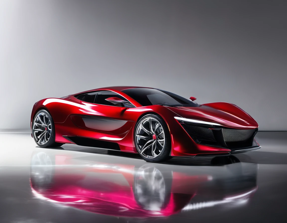 Create a hyper-realistic image of a stunning sports car positioned against a plain white background. The car features an aerodynamic, sleek design with sharp lines and curves, giving it a futuristic and aggressive look. It has a glossy metallic red finish that reflects light beautifully, highlighting the contours of the body. The headlights are LED with a sharp, crisp design, and the taillights are slim and elegant. The wheels are large with low-profile tires and chrome rims, exhibiting intricate details. The car’s windows are slightly tinted, and the interior glimpsed through the glass is luxurious, featuring leather seats and a high-tech dashboard. Ensure the lighting is even and soft, casting subtle shadows that enhance the car’s three-dimensionality without creating any harsh contrasts. The image should capture the essence of speed, luxury, and modern automotive engineering, with every detail rendered perfectly, free from any imperfections