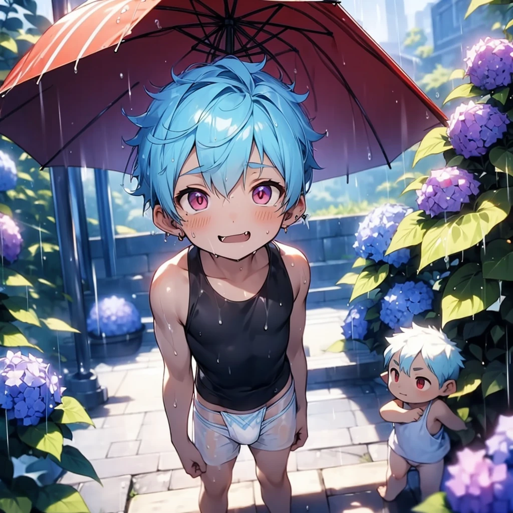 ((solo)), (boldline:-1.6), (holding see throgh umbrella:1.5), (arched back:1.3), ((bubble)), (standing:1.5), (((fang))), (((best finger))), BREAK (best quality:1.5), (absolutely resolution:1.5), (ultra detailed:1.5), (masterpiece:1.5), (perfect face:1.5), (detailed face:1.3), (detailed eyes:1.5), (best eyes:1.5), (cute face), (shota:2), BREAK (black tank top:1.5), BREAK (white loincloth:1.5), (see throgh wet clothes:1.5), (bulge:1.6), (skinny:1.3), BREAK (light blue hair:1.5), ((spiked hair)), BREAK (wine red eyes:1.4), (eyes with highlight:1.6), ((mole under eye)), (sweaty skin), (chuckling:1.5), ((earrings)), (shiny skin:1.3), BREAK (garden), (purple hydrangea on ground:1.4), (heavy rain:1.3), ((wind blowing)), ((nipple)), (abs), groin, water splashing, from below,
