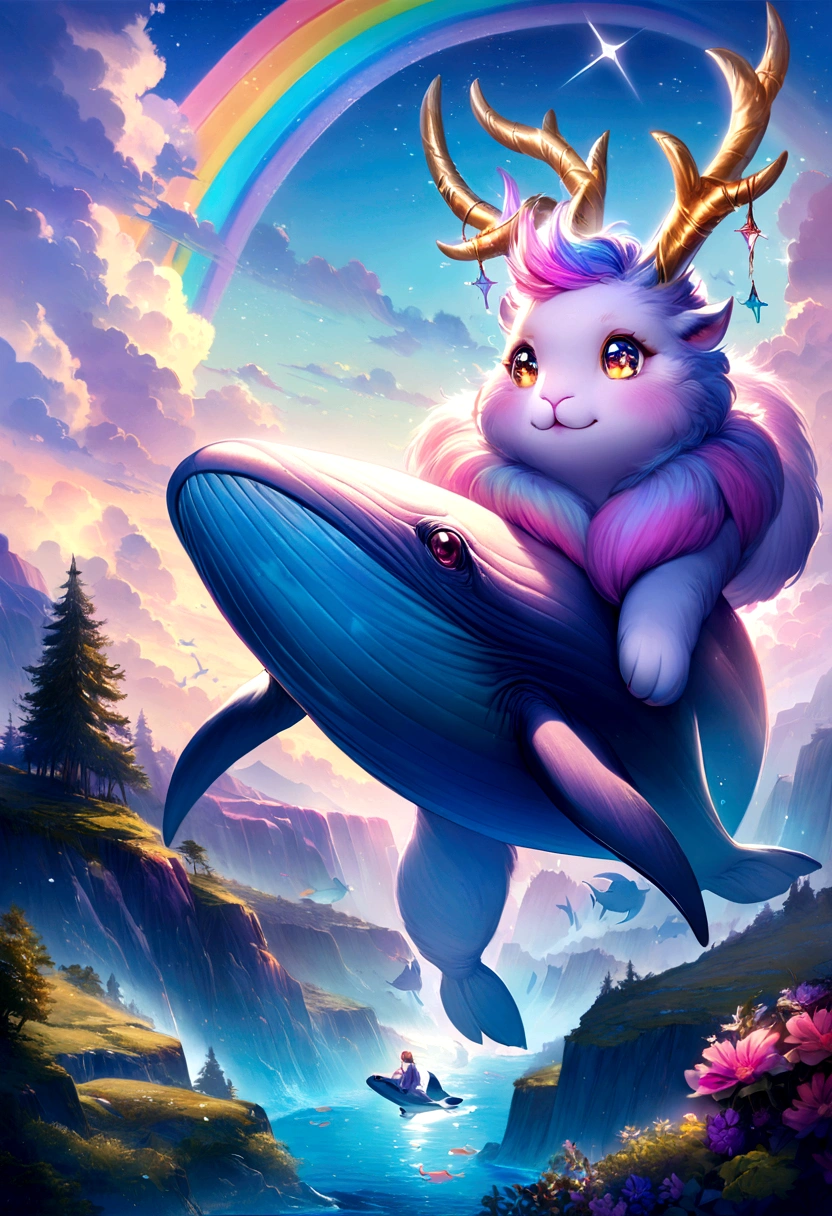a colorful swiming whale,soft pastel colors,horned bunny,whimsical fantasy creature,realistic fur texture,shimmering rainbow colored fur,golden antlers,sparkling eyes,mischievous smile,enchanting background with twinkling stars,ethereal lighting,creatures of the night tag,artistically detailed illustration,high resolution,scenic landscape,breathtaking view,vibrant hues,fantasy art style