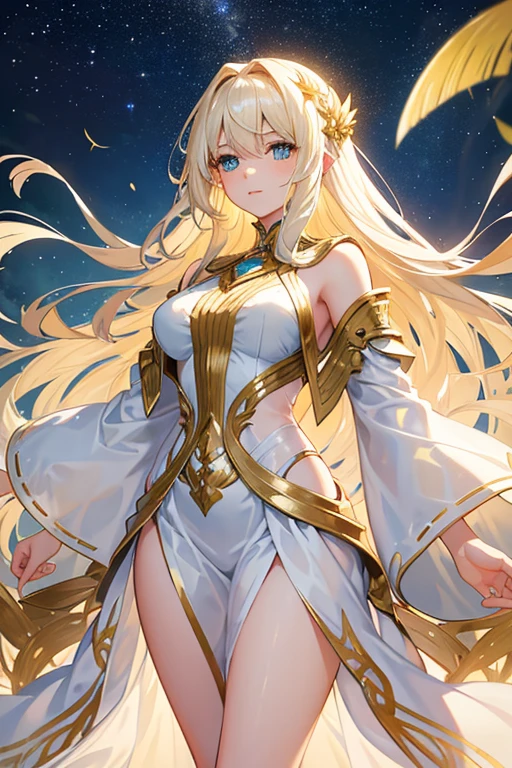 Imagine a young woman with ethereal beauty, as if it had been sculpted by the same artists who painted the stars in the night sky. Her hair flows like a waterfall of golden threads, capturing sunlight in every strand. His eyes are two bright emeralds, full of life and mystery, reflecting a spirit that is both ancient and eternally young. The girl's skin has the soft glow of dawn, and her smile is so radiant that it could illuminate even the darkest corners of the heart.”