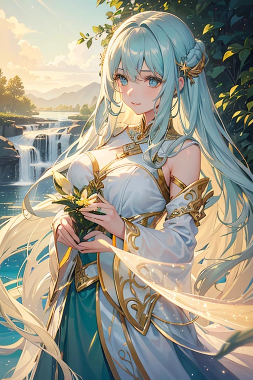 Imagine a young woman with ethereal beauty, as if it had been sculpted by the same artists who painted the stars in the night sky. Her hair flows like a waterfall of golden threads, capturing sunlight in every strand. His eyes are two bright emeralds, full of life and mystery, reflecting a spirit that is both ancient and eternally young. The girl&#39;s skin has the soft glow of dawn, and her smile is so radiant that it could illuminate even the darkest corners of the heart.”