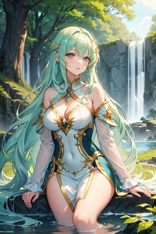 Palutena, breasts Big and heavy ,Sticky white liquid , costume laying on a pool, guweiz, artwork in the style of guweiz, wlop and rossdraws, extremely detailed artgerm, wlop rossdraws, wlop and sakimichan, by Yang J, wlop and artgerm, wlop art, guweiz masterpiece, ahri