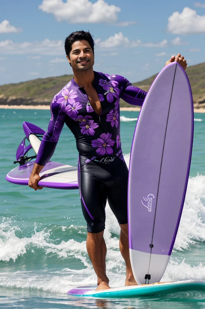 Chayanne with purple flowers on a surfboard