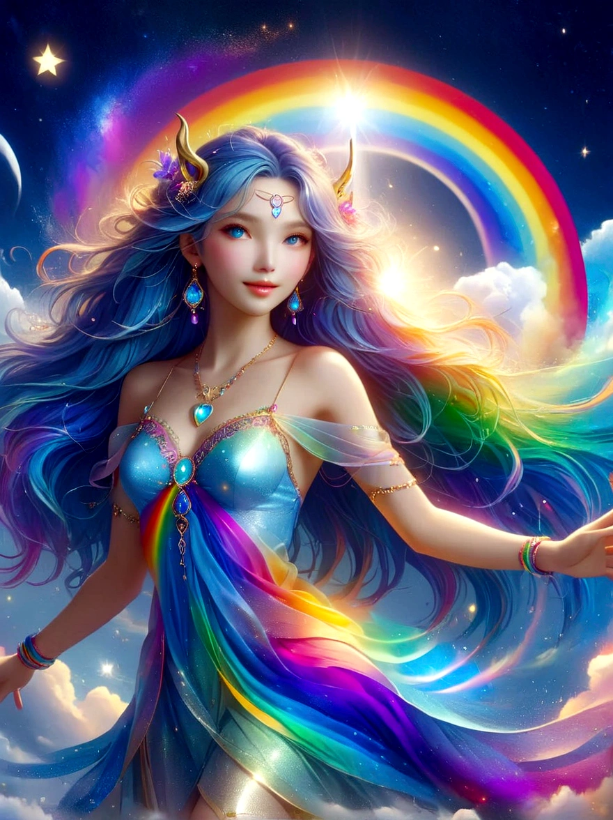 1xknh1, (full-body shot:1.4), moonlight goddess,lively eyes,full of love and light energy,with a rainbow like light