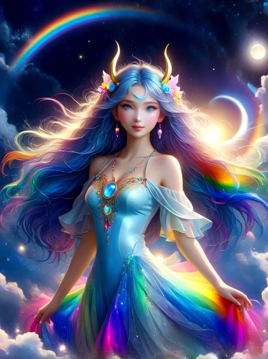 1xknh1, (full-body shot:1.4), moonlight goddess,lively eyes,full of love and light energy,with a rainbow like light