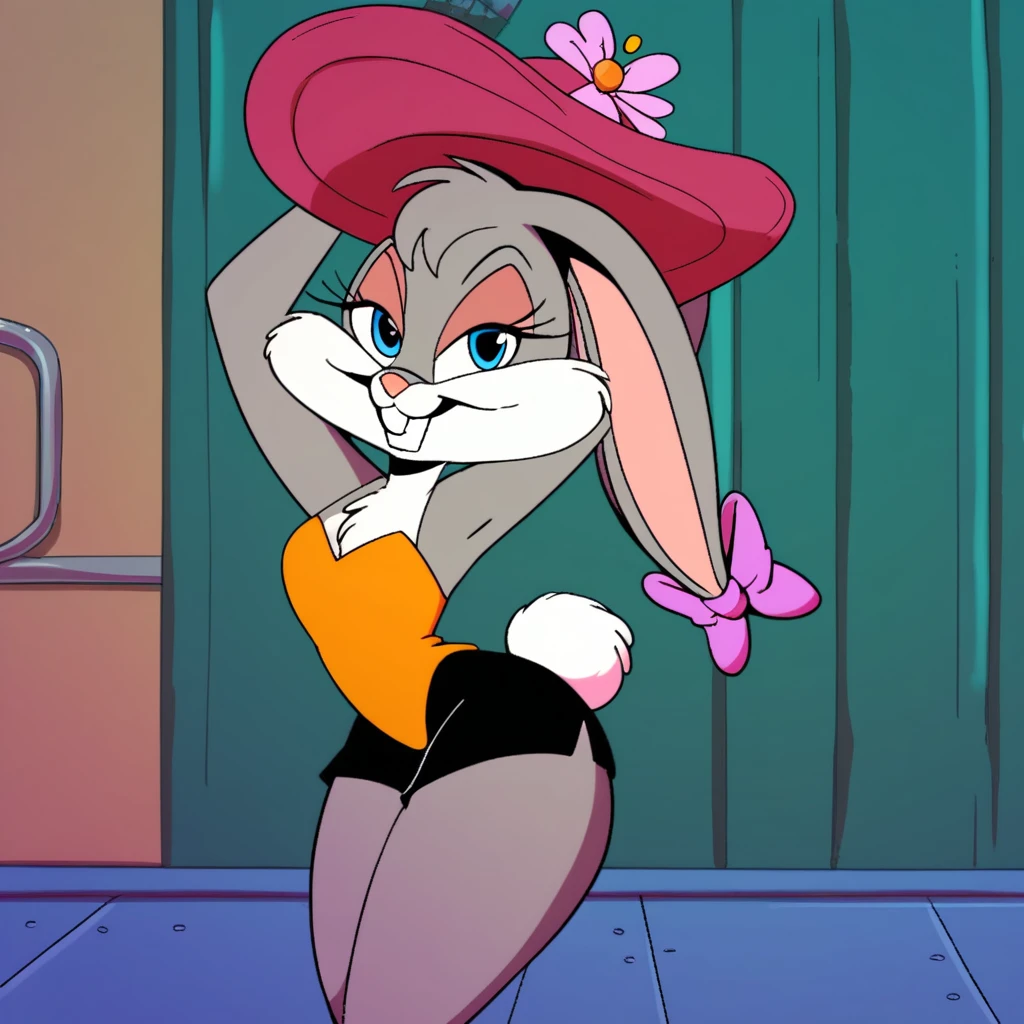 score_9, score_8_up, score_7_up, score_6_up, score_5_up, score_4_up, (Source furry), Babs Bunny, furry female, 1girl, solo, inside of the cyberworld, cyberspace, digital trees, smile, pink bunny girl, looking at viewer, blue eyes, tail, grey fur, two tone fur, hat, wearing black shorts, thick thighs, flower hat, glitching while dancing,