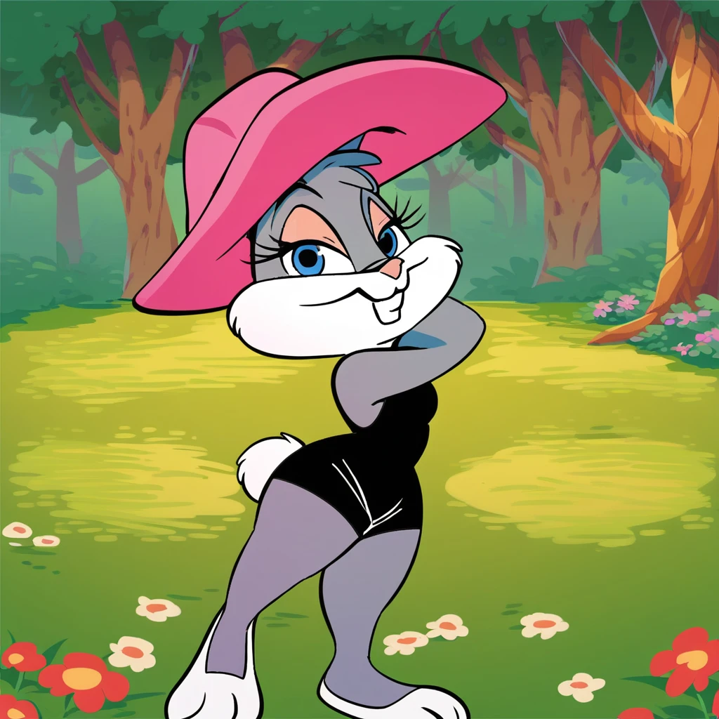 score_9, score_8_up, score_7_up, score_6_up, score_5_up, score_4_up, (Source furry), Babs Bunny, furry female, 1girl, solo, inside of the cyberworld, cyberspace, digital trees, smile, pink bunny girl, looking at viewer, blue eyes, tail, grey fur, two tone fur, hat, wearing black shorts, thick thighs, flower hat, glitching while dancing,