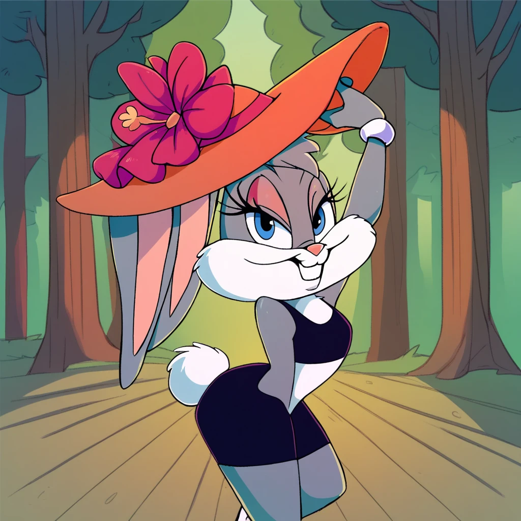 score_9, score_8_up, score_7_up, score_6_up, score_5_up, score_4_up, (Source furry), Babs Bunny, furry female, 1girl, solo, inside of the cyberworld, cyberspace, digital trees, smile, pink bunny girl, looking at viewer, blue eyes, tail, grey fur, two tone fur, hat, wearing black shorts, thick thighs, flower hat, glitching while dancing,