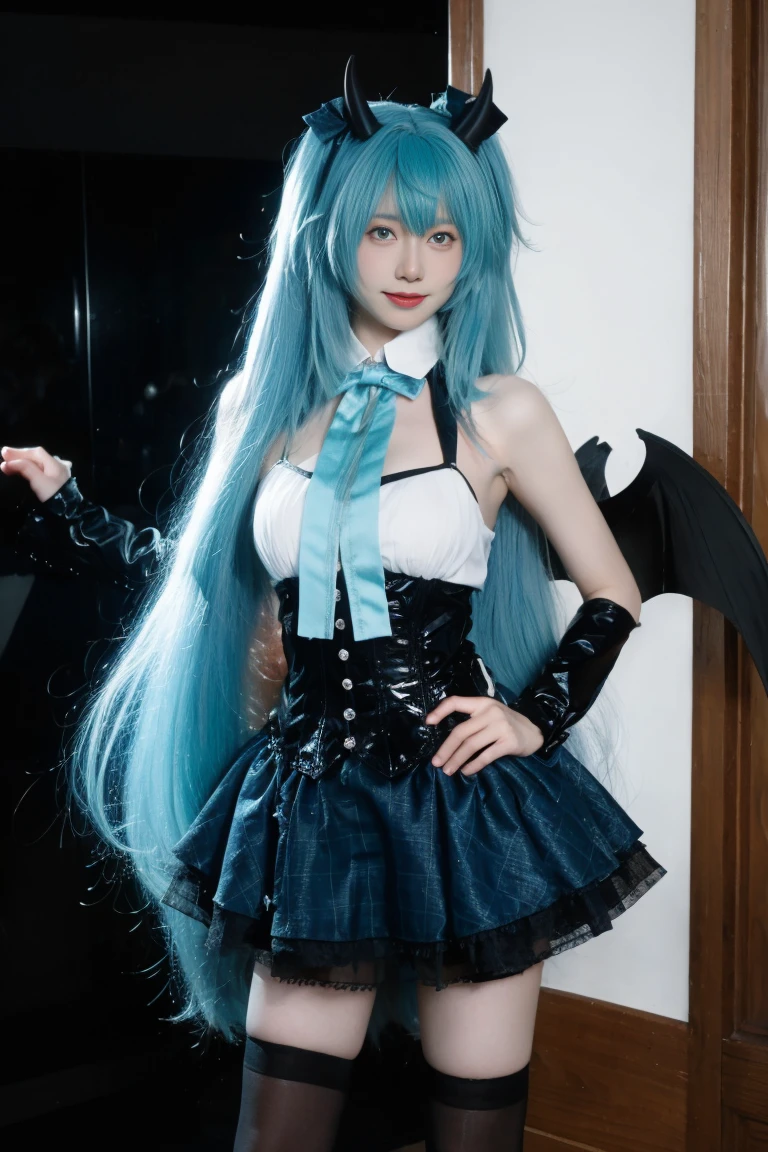 best quality, tmasterpiece,Ultra-high resolution,Clear face,(Reality:1.4),ferpect lighting,(upper body shot:1.5), (photorealistic:1.50), anime wallpaper, Guviz style artwork, cover-up fantasy up to magic , by Yang J, Guviz, beautiful artwork illustration, beautiful digital artwork, beautiful digital illustration, Li Song, beautiful anime portrait, art style in Beauvot, 1girl, 独奏, looking at viewer, smile, standing, full body, arms at side, hatsune miku cosplay costume, hatsune miku, cosplay, aqua hair, very long hair, twintails, shirt, corset, skirt, plaid skirt, detached collar, detached sleeves, arm warmers, bowtie, bow, horns, demon horns, demon wings, demon tail, ribbon, o-ring, chain, thigh strap, hair ribbon, hair bow, thighhighs, torn thighhighs, knee boots, belt boots, platform boots, Curtain background, indoor,