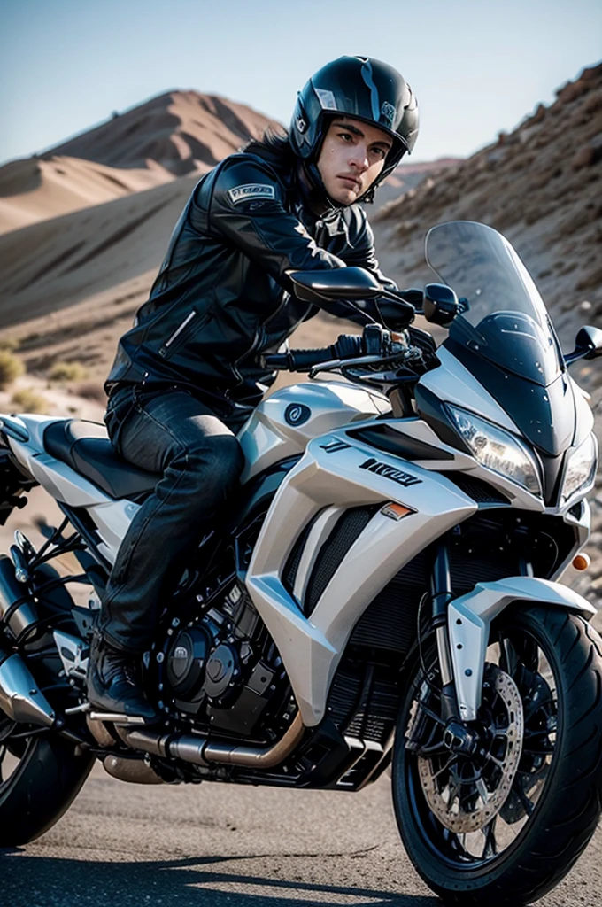 Make a man on top of a white 1200cc motorcycle , This man must be wearing black clothing with a black helmet. He must be in the Atacama Desert Ultra realistic photo, 8 k quality, fullHD