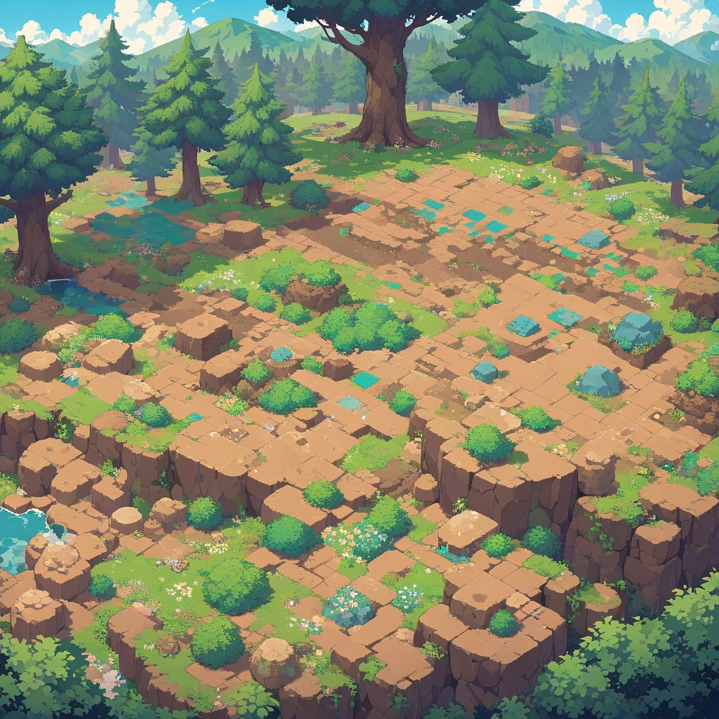 retro video game style,pixelated, vibrant pastel colors,8-bit characters,blocky shapes,sharp lines,detailed shading,classic gaming vibe,nostalgic atmosphere,classic arcade games,masterpiece:1.2,ultra-detailed,illustration style, 2d texture, clay texture, stone texture, 4 k seamless mud texture, video game texture, dirt texture, tileset, game tiles, clay material, flat texture, grass, trees, rock texture, rocky ground, forest, topdown view, game texture, game art, ground very detailed, dirt, floor texture, tileable texture, flowers, bushes, shrubs, intricate ground stone, top down view, 3/4th perspective