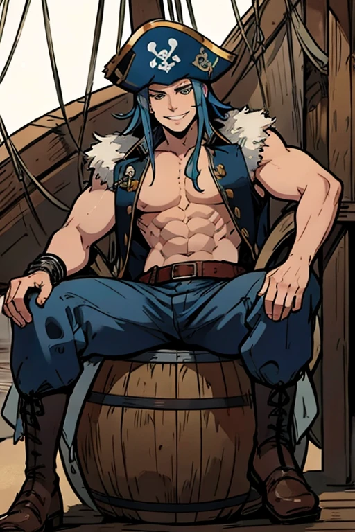 A muscular blue haired man with gray eyes and long hair in a pirate's outfit is sitting on a barrel on a pirate ship with a big smile