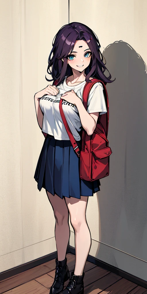 (absurdres, 8k, 4k, masterpiece, hyper extreme detailed:1.2), solo, 1girl, front view, perfect face, 1girl, portrait, looking at viewer, solo, standing, Female, Mature Female, expressive eyes, perfect face, dark purple hair, 1girl, messy hair, perfect anatomy, adult, standing, straight hair, pale, full body, medium hair, perfect anatomy, friendly, happy, good, good natured, kind, kindhearted, understanding, honesty, integrity, empathy, empathic, smile, nice, happy, expressive, cute, caring, Compassionate, Humility, Integrity, Forgiveness, forgiving, sparkling eyes, expressive eyes, hair covering forehead, swept bangs, medium bust, t-shirt, cute outfit, blue skirt, wholesome, Patience, love, loving, Generous, savior, saint, saintly, devoted, selfless, Positive, Encouraging, polite, courage, courageous, Considerate, unselfish, Diligent, warm, welcoming, Temperate, Cooperative, faithful, Imaginative, Fairness, fair, perfect, normal, 1girl, cutesy, pins, hairpins, bedroom background, colorful, backpack, flowers, flowers in hair, slender, slim, beautiful, wonderful, college student, warm smile, clasped hands, tilted head, hope, integrity, inspiring, benevolent, huggable, cute outfit, cute bag,