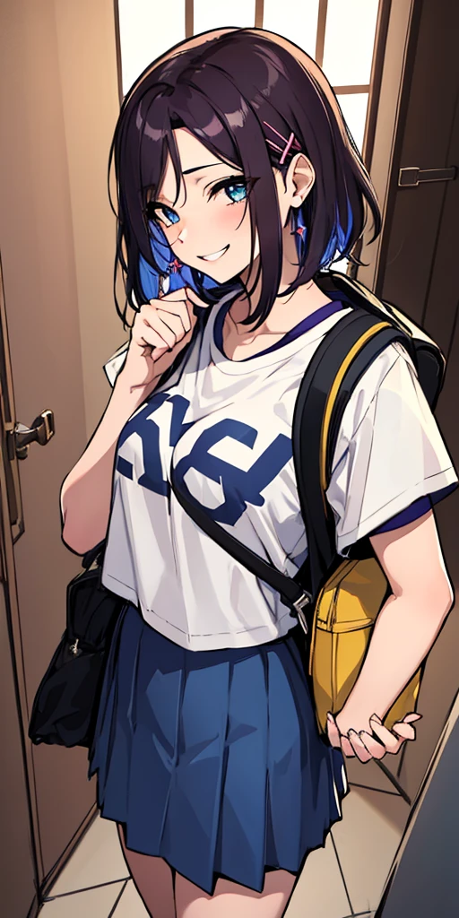 (absurdres, 8k, 4k, masterpiece, hyper extreme detailed:1.2), solo, 1girl, front view, perfect face, 1girl, portrait, looking at viewer, solo, standing, Female, Mature Female, expressive eyes, perfect face, dark purple hair, 1girl, messy hair, perfect anatomy, adult, standing, straight hair, pale, full body, medium hair, perfect anatomy, friendly, happy, good, good natured, kind, kindhearted, understanding, honesty, integrity, empathy, empathic, smile, nice, happy, expressive, cute, caring, Compassionate, Humility, Integrity, Forgiveness, forgiving, sparkling eyes, expressive eyes, hair covering forehead, swept bangs, medium bust, t-shirt, cute outfit, blue skirt, wholesome, Patience, love, loving, Generous, savior, saint, saintly, devoted, selfless, Positive, Encouraging, polite, courage, courageous, Considerate, unselfish, Diligent, warm, welcoming, Temperate, Cooperative, faithful, Imaginative, Fairness, fair, perfect, normal, 1girl, cutesy, pins, hairpins, bedroom background, colorful, backpack, flowers, flowers in hair, slender, slim, beautiful, wonderful, college student, warm smile, clasped hands, tilted head, hope, integrity, inspiring, benevolent, huggable, cute outfit, cute bag,
