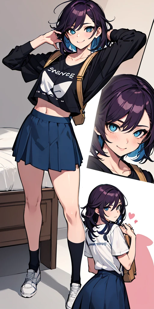 (absurdres, 8k, 4k, masterpiece, hyper extreme detailed:1.2), solo, 1girl, front view, perfect face, 1girl, portrait, looking at viewer, solo, standing, Female, Mature Female, expressive eyes, perfect face, dark purple hair, 1girl, messy hair, perfect anatomy, adult, standing, straight hair, pale, full body, medium hair, perfect anatomy, friendly, happy, good, good natured, kind, kindhearted, understanding, honesty, integrity, empathy, empathic, smile, nice, happy, expressive, cute, caring, Compassionate, Humility, Integrity, Forgiveness, forgiving, sparkling eyes, expressive eyes, hair covering forehead, swept bangs, medium bust, t-shirt, cute outfit, blue skirt, wholesome, Patience, love, loving, Generous, savior, saint, saintly, devoted, selfless, Positive, Encouraging, polite, courage, courageous, Considerate, unselfish, Diligent, warm, welcoming, Temperate, Cooperative, faithful, Imaginative, Fairness, fair, perfect, normal, 1girl, cutesy, pins, hairpins, bedroom background, colorful, backpack, flowers, flowers in hair, slender, slim, beautiful, wonderful, college student, warm smile, clasped hands, tilted head, hope, integrity, inspiring, benevolent, huggable, cute outfit, cute bag,
