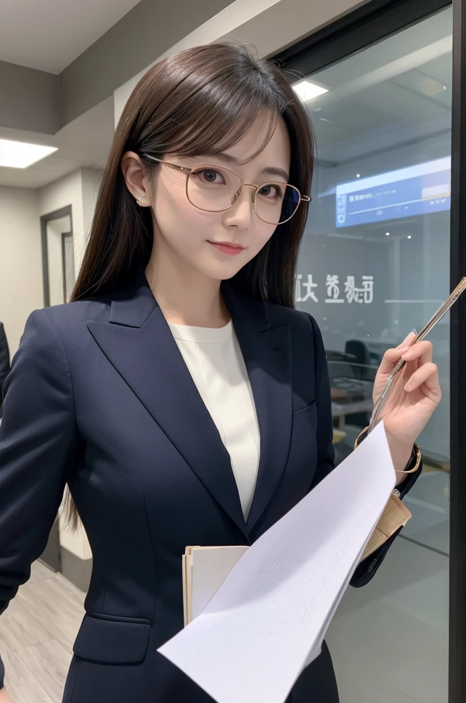 A female president in a suit who is good at her job and wears round metal glasses、I&#39;m in the president&#39;s office with my hair tied up in a ponytail.