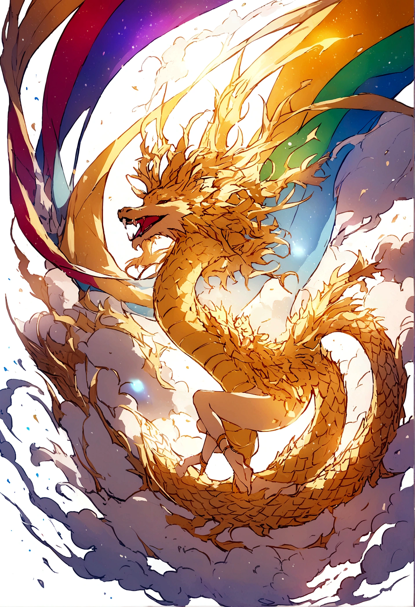 flag、masterpiece、(White Background:1)、Golden Chinese dragon surrounded by white clouds、god々々Hello、Wind、god々、Long undulating body、Overbyte、Upper Body、wonderful、god話、high quality、Very detailed、masterpiece、wonderful、Particle Effects、Dynamic Effects　Summer solstice sun rays