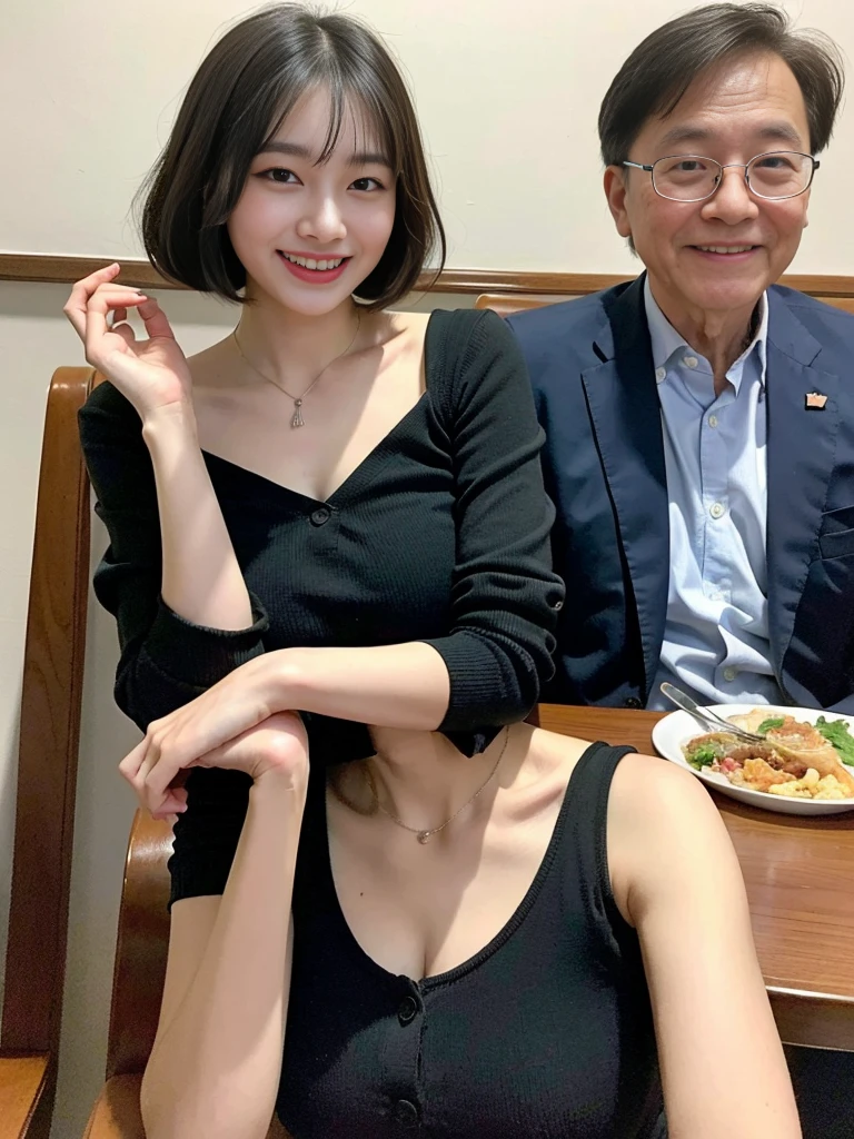 (A young and beautiful Korean female teacher dressed as a politician enjoys lunch with her grandpa:1.3)(A grinning look:1.2)(20-year-old:1.3)(Huge , There is cleavage in the chest:1.2),(Sweating profusely)(Huge boobs)(Elegant and shiny black bob cut:1.2))(8K, RAW Photos, Highest quality, masterpiece: 1.2),High-resolution RAW color photos, Professional photos, Very detailed and beautiful,(She&#39;s very skinny but has big breasts:1.4), Small face:1.Perfect Anatomical Body Proportions、(NSFW:1.1)(Huge breasts that make your clothes burst: 0.9) (huge breast :1.4)(Classy makeup,Eyeliner/Eyeshadow,lipstick,Fair skin,Beautiful Skin)(Full body photo:1.1)(Shiny Hair:1.3)(lipstick:1.2)(Too big earrings:1.2)(Beautiful college girl:1.2)(セクシーな韓国人older sister:1.2)(older sister:1.1))(family group photo:1.3)(Box coverage,Press conference:1.2)