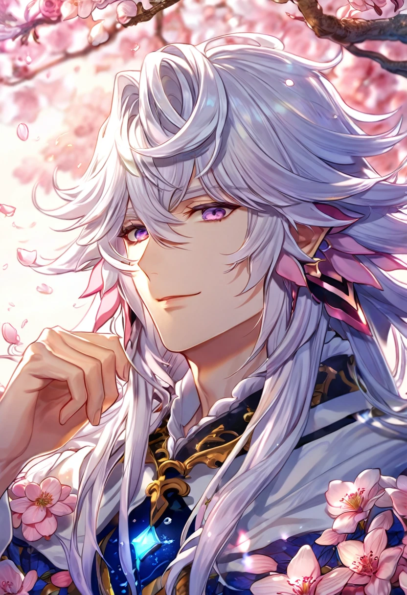 Ultra detailed, highres, absurdres, HDR, master piece, Merlin, white long hair, expressivee purple eyes, white tunic, Fate Grand Order, fantasy, pink petals, water, pink flowers, handsome, sexy man, solo, best quality, blossoms, blue shining fireflies, handsome smile,