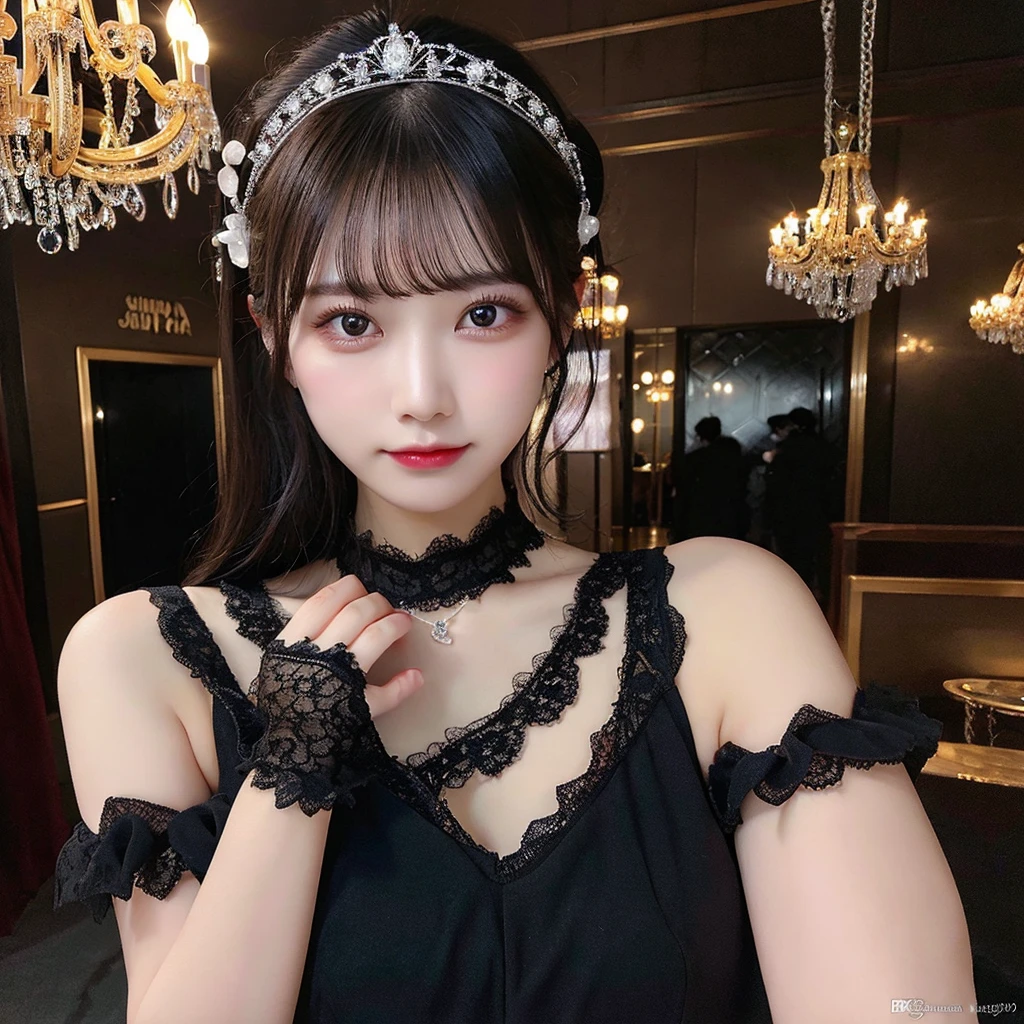 Best image quality、8K、Ultra-high resolution:1.5、Japanese、Delicate eyes、Sensitive face、Attractive face、Japanese、woman、ponytail、Scrunchie、chandelier、whole body、Black Dress、tiara、necklace、Long black lace gloves